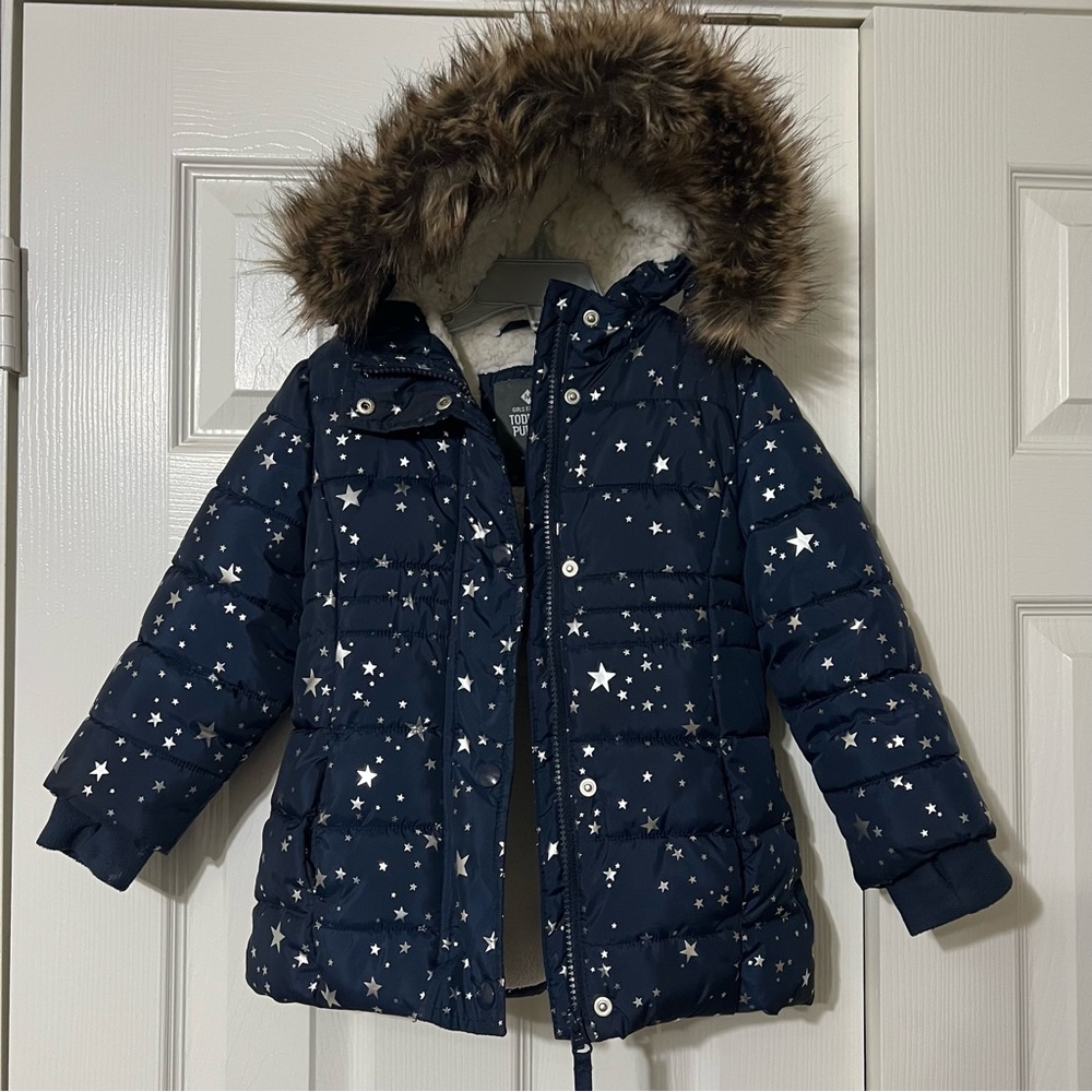 Girls Starry Navy Puffer Jacket with Faux Fur Hood Size 3T